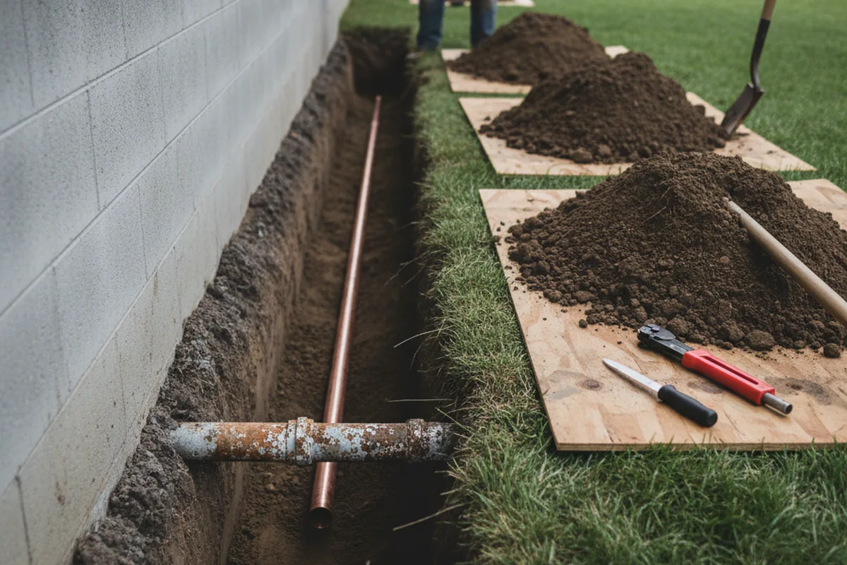 Excavated water line trench during Sewer Line Repair in Van Lear